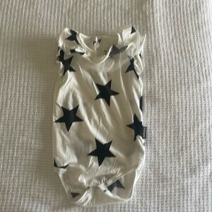Nununu white with black star, ruffle neck, trim, onesie. Size 12-18M